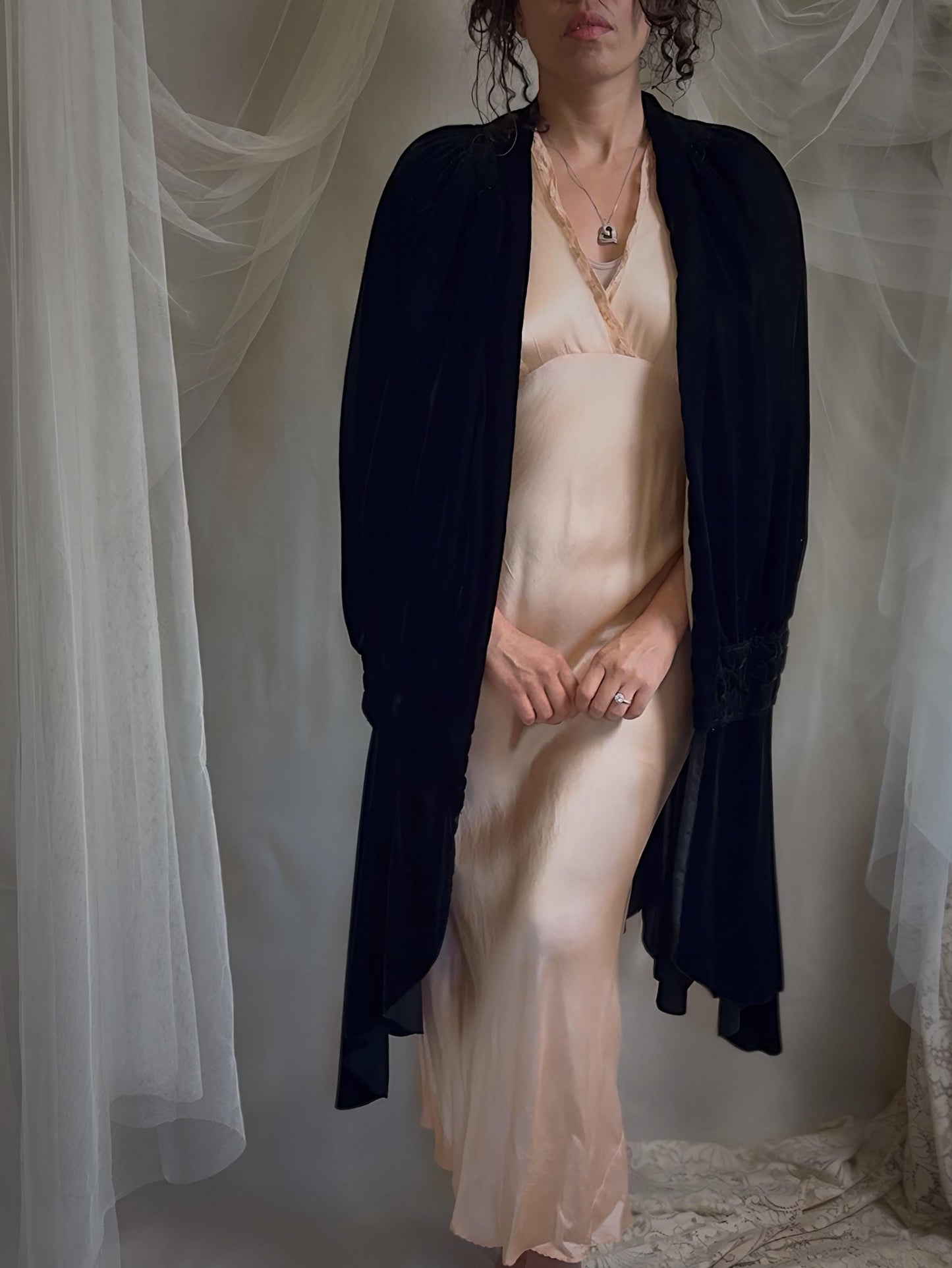 Antique 1920s Cocoon Cape - Lush Black Velvet with Luxurious Gold Silk Lining