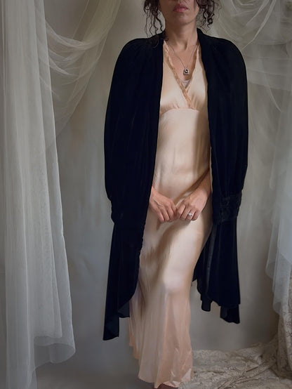 Antique 1920s Cocoon Cape - Lush Black Velvet with Luxurious Gold Silk Lining