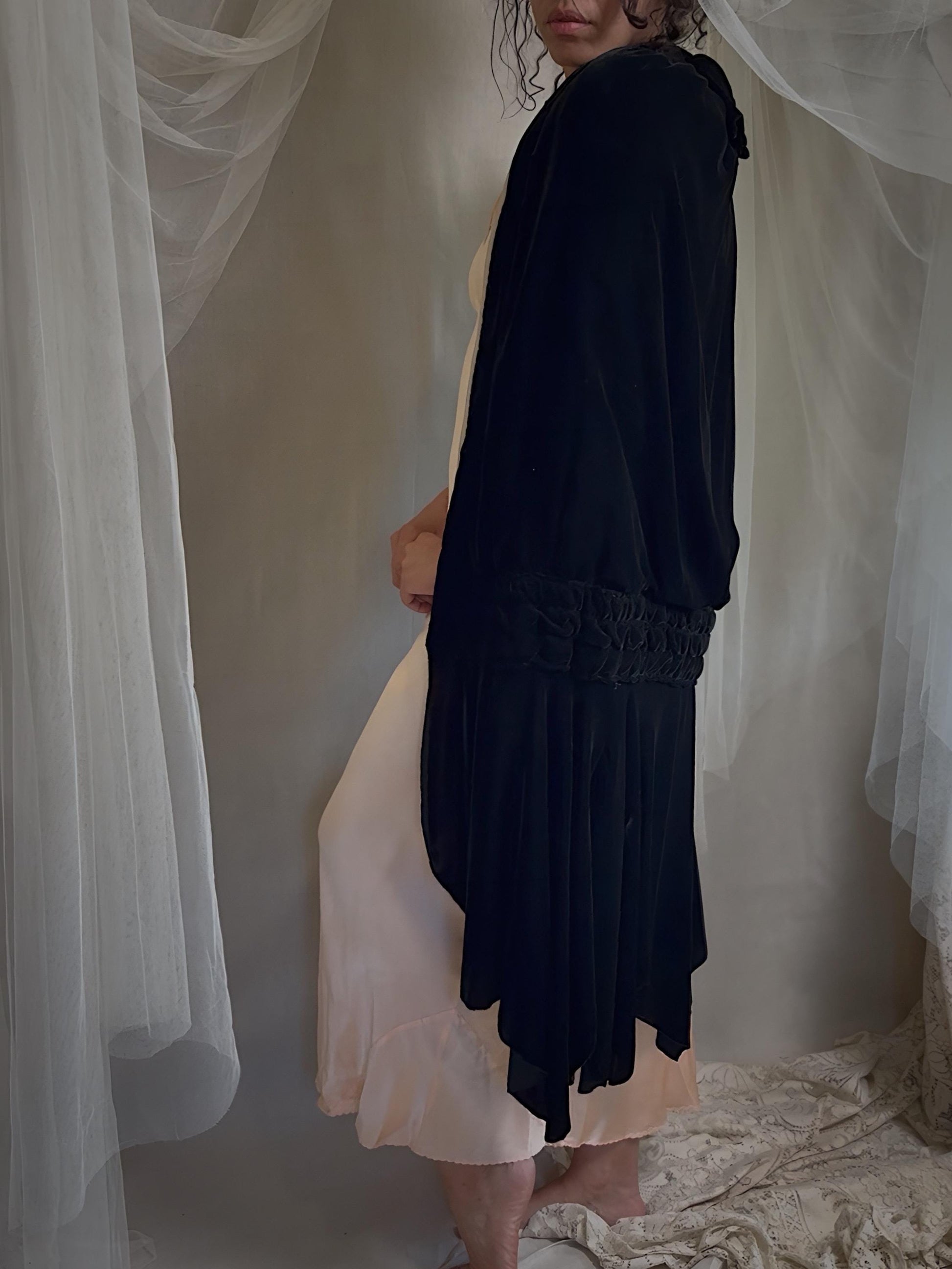 Antique 1920s Cocoon Cape - Lush Black Velvet with Luxurious Gold Silk Lining