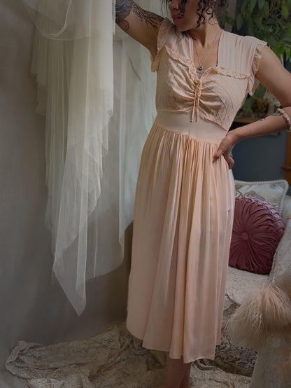 Vintage 1940s Nightgown - Pale Blush Pink Rayon Chiffon with Diamond Pin Tuck Detail, Made in Hungary