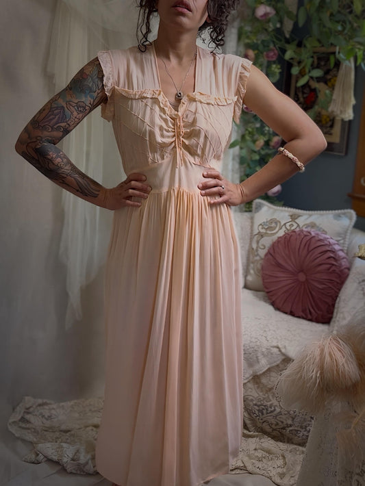 Vintage 1940s Nightgown - Pale Blush Pink Rayon Chiffon with Diamond Pin Tuck Detail, Made in Hungary