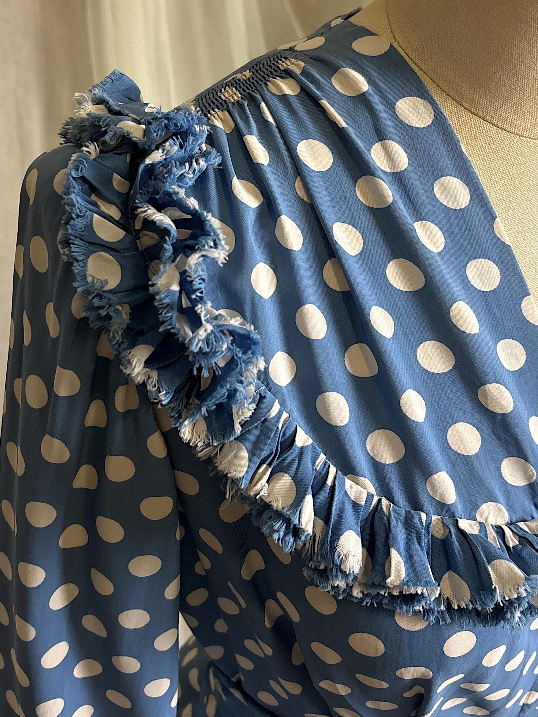 Vintage 1940's Dressing Gown Robe - Cornflower Blue Rayon with White Polka Dots & Ruffled Yoke - by Franklin Simon | S, M