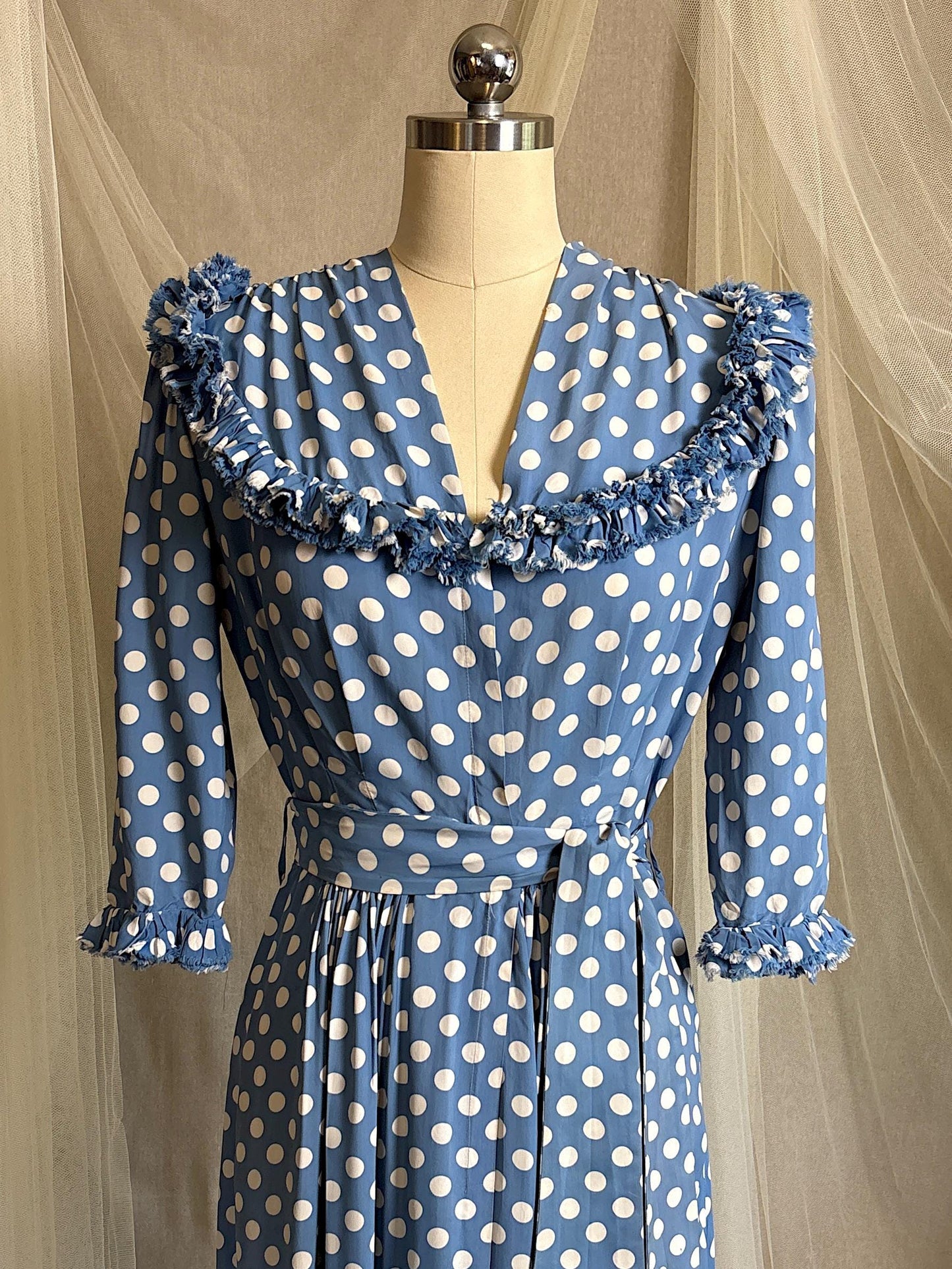 Vintage 1940's Dressing Gown Robe - Cornflower Blue Rayon with White Polka Dots & Ruffled Yoke - by Franklin Simon | S, M