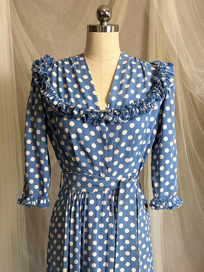 Vintage 1940's Dressing Gown Robe - Cornflower Blue Rayon with White Polka Dots & Ruffled Yoke - by Franklin Simon | S, M