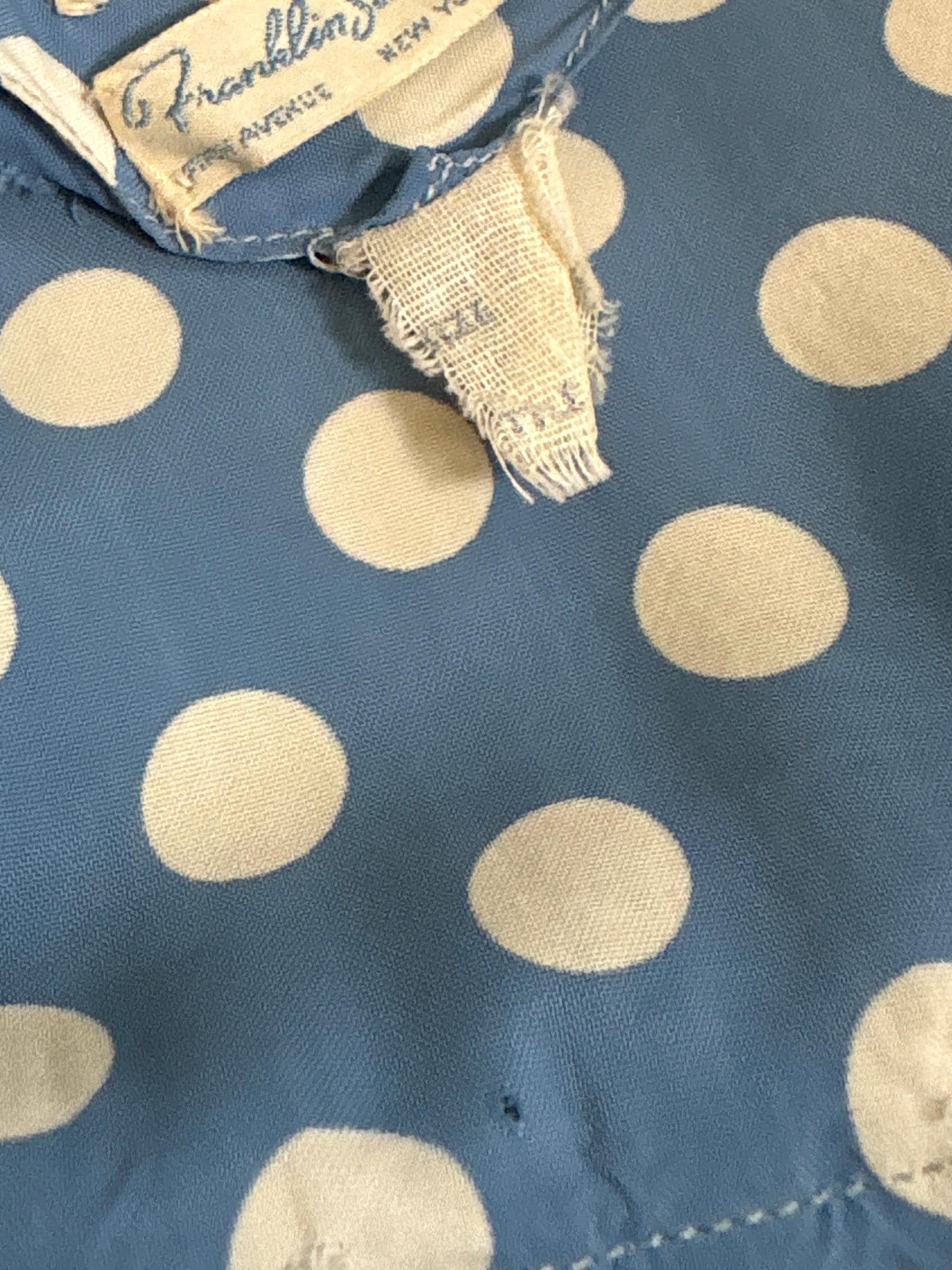 Vintage 1940's Dressing Gown Robe - Cornflower Blue Rayon with White Polka Dots & Ruffled Yoke - by Franklin Simon | S, M
