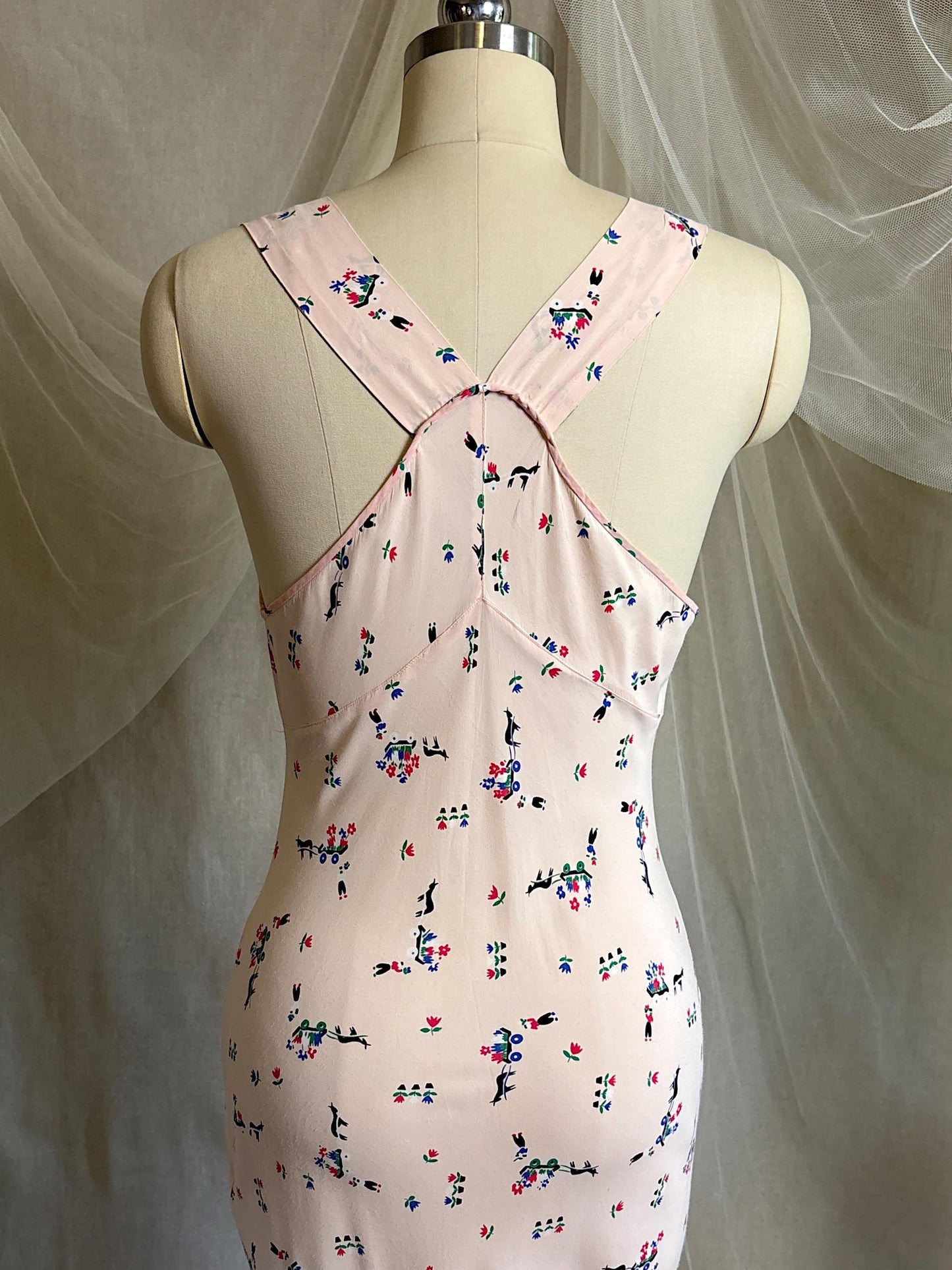 Vintage 1940's Nightgown - Pale Pink Rayon with Scandinavian Folk Floral Print | XXS, XS