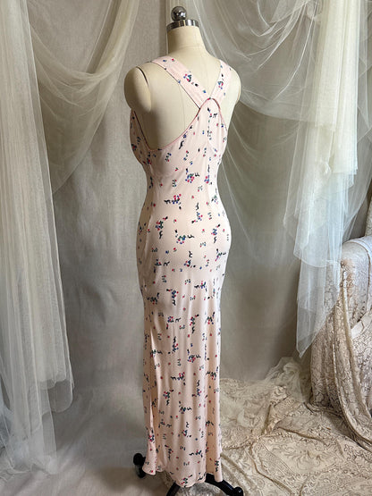 Vintage 1940's Nightgown - Pale Pink Rayon with Scandinavian Folk Floral Print | XXS, XS