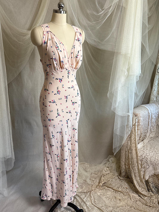 Vintage 1940's Nightgown - Pale Pink Rayon with Scandinavian Folk Floral Print | XXS, XS