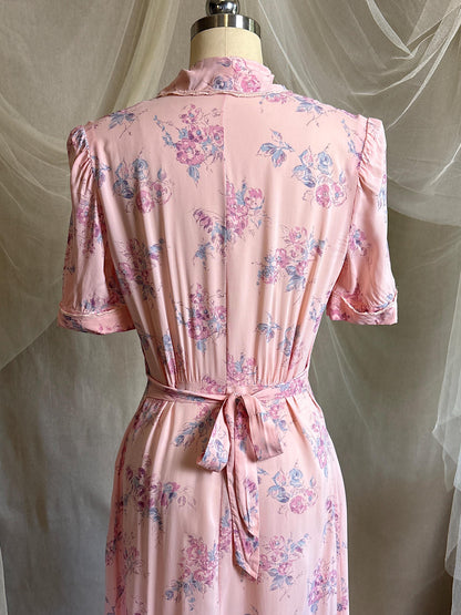 Vintage 1940's Nightgown - Semi Sheer Tea Rose Pink Rayon Chiffon with Floral Print | XS, S
