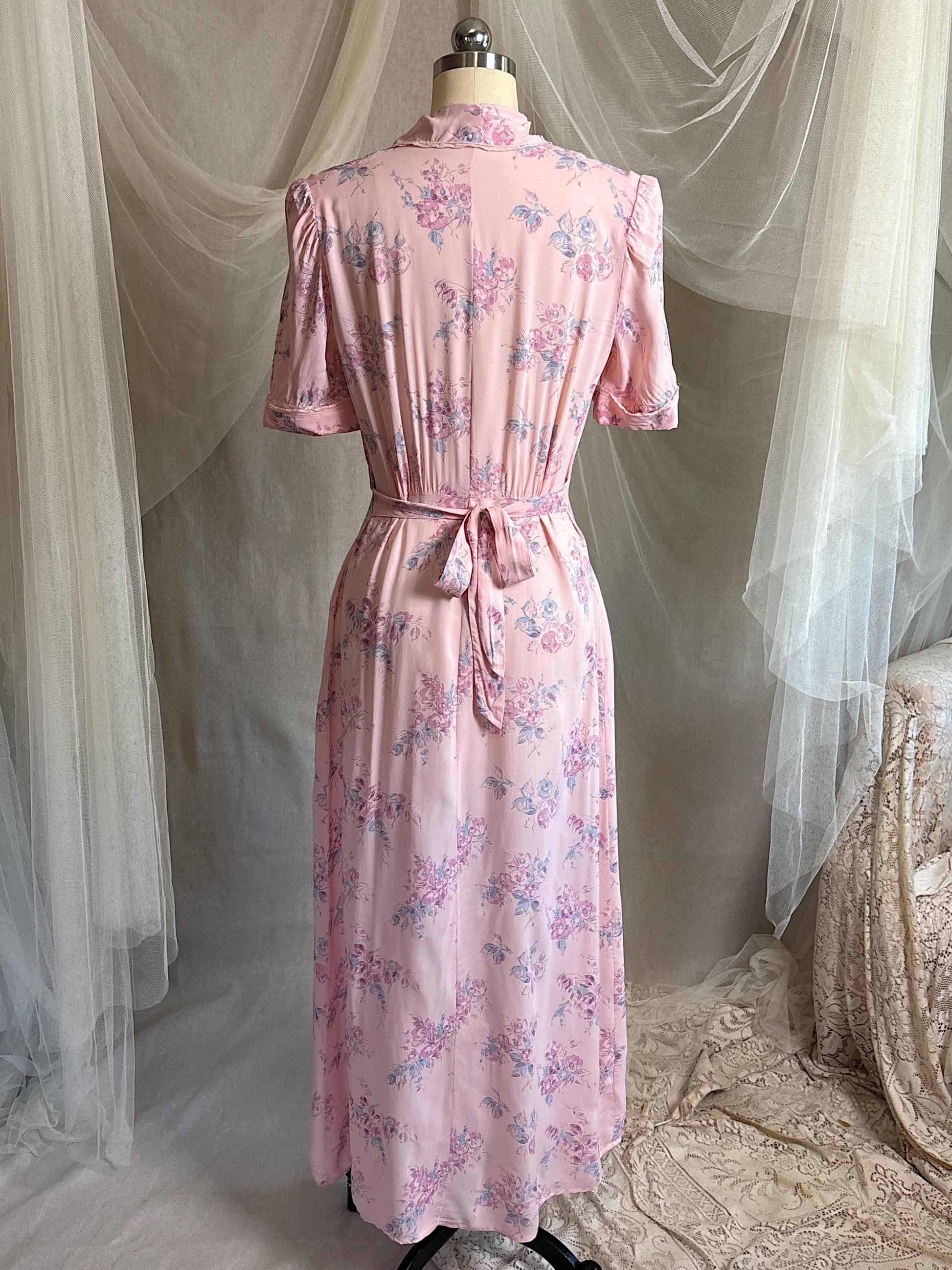Vintage 1940's Nightgown - Semi Sheer Tea Rose Pink Rayon Chiffon with Floral Print | XS, S