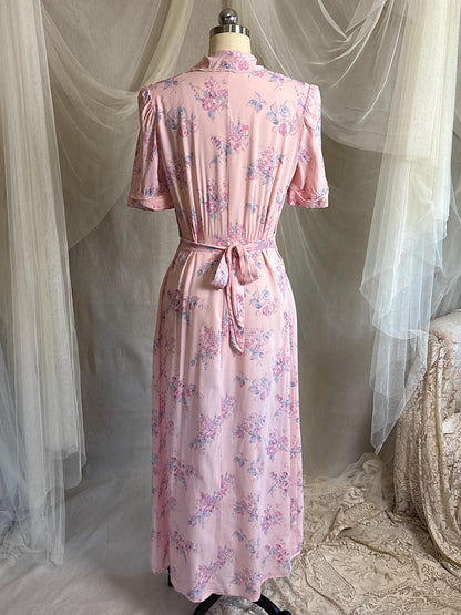 Vintage 1940's Nightgown - Semi Sheer Tea Rose Pink Rayon Chiffon with Floral Print | XS, S