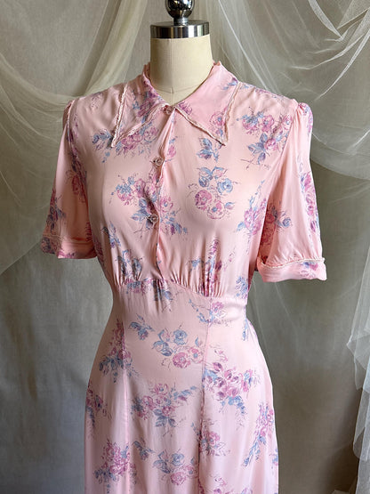 Vintage 1940's Nightgown - Semi Sheer Tea Rose Pink Rayon Chiffon with Floral Print | XS, S