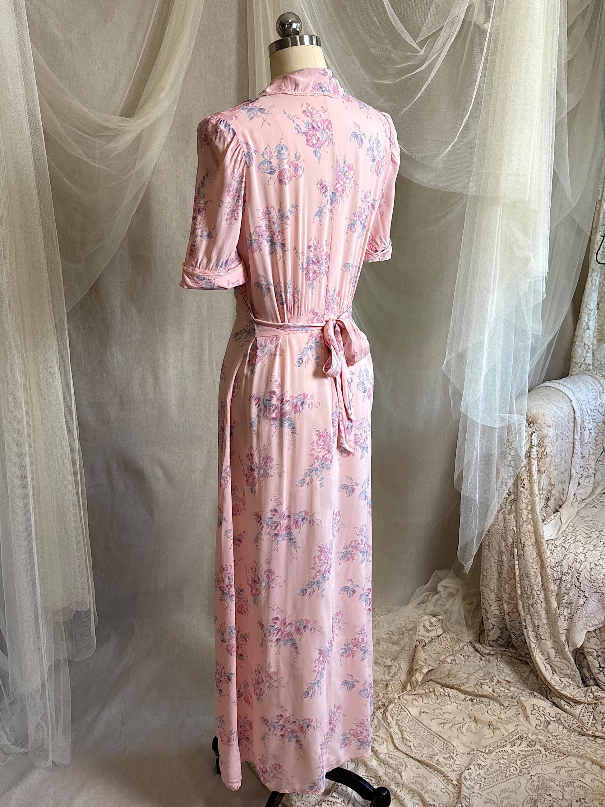 Vintage 1940's Nightgown - Semi Sheer Tea Rose Pink Rayon Chiffon with Floral Print | XS, S