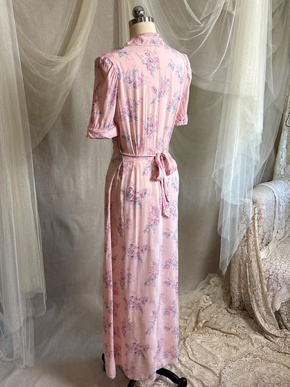 Vintage 1940's Nightgown - Semi Sheer Tea Rose Pink Rayon Chiffon with Floral Print | XS, S