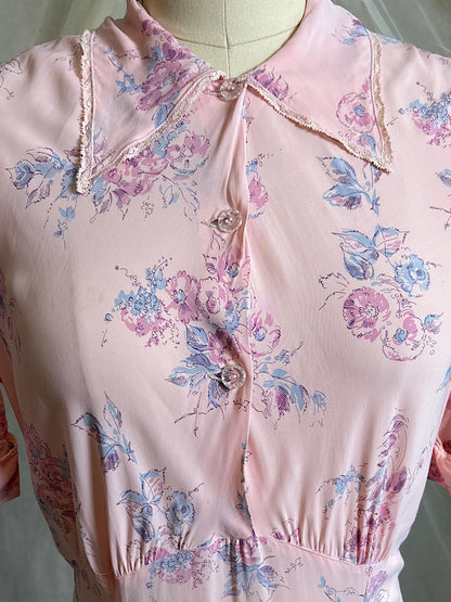 Vintage 1940's Nightgown - Semi Sheer Tea Rose Pink Rayon Chiffon with Floral Print | XS, S