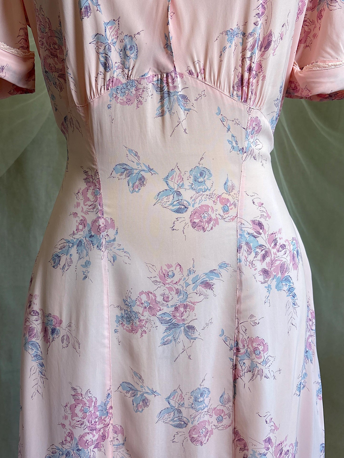 Vintage 1940's Nightgown - Semi Sheer Tea Rose Pink Rayon Chiffon with Floral Print | XS, S