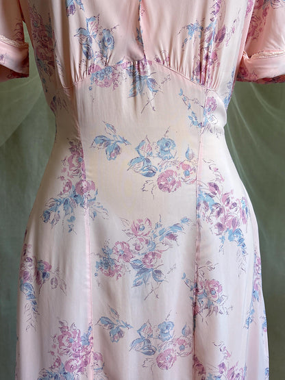 Vintage 1940's Nightgown - Semi Sheer Tea Rose Pink Rayon Chiffon with Floral Print | XS, S