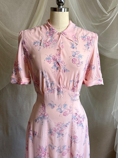 Vintage 1940's Nightgown - Semi Sheer Tea Rose Pink Rayon Chiffon with Floral Print | XS, S