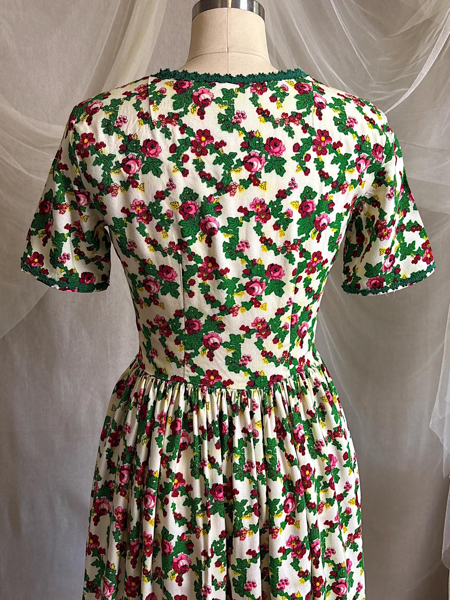 Vintage 1950's Day Dress | Cream Cotton with Floral Folk Print & Brass Button Closure | XS