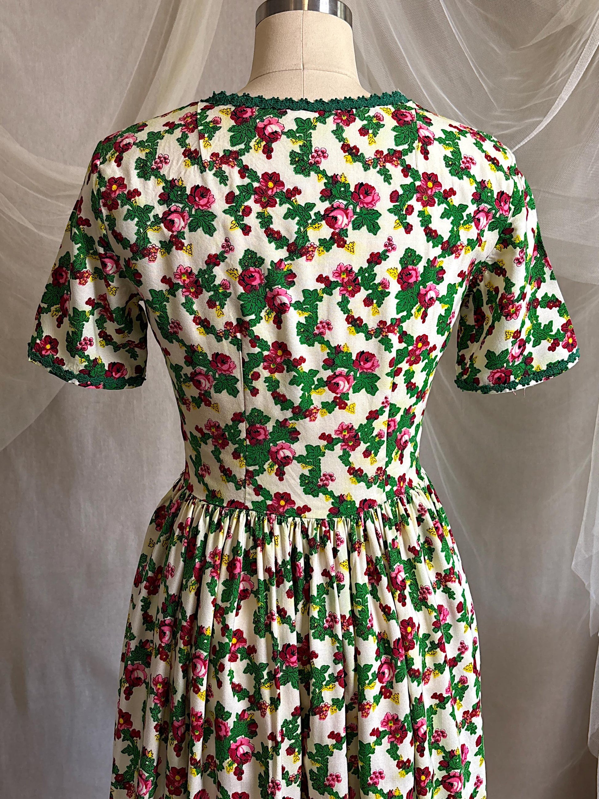 Vintage 1950's Day Dress | Cream Cotton with Floral Folk Print & Brass Button Closure | XS