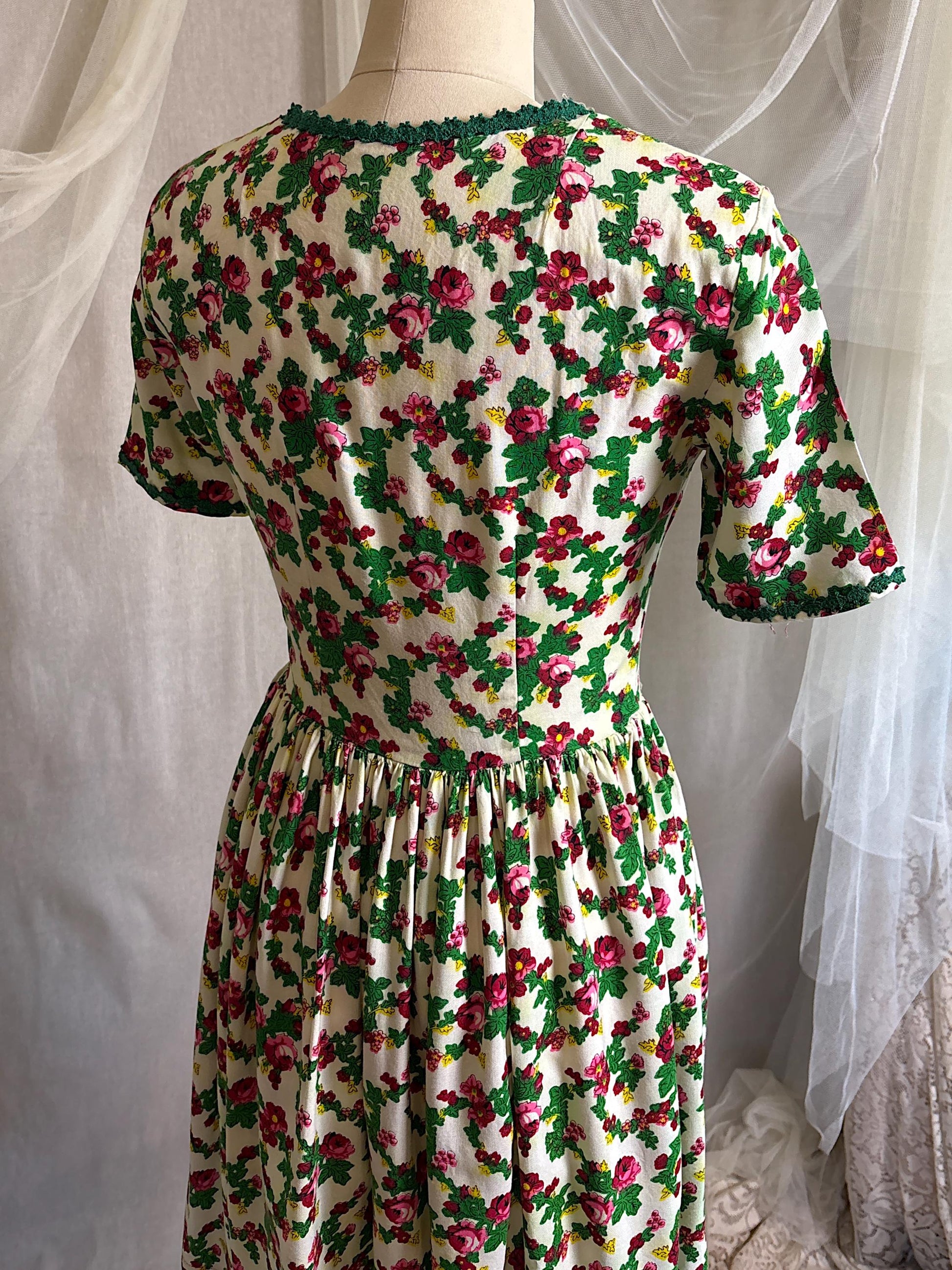 Vintage 1950's Day Dress | Cream Cotton with Floral Folk Print & Brass Button Closure | XS