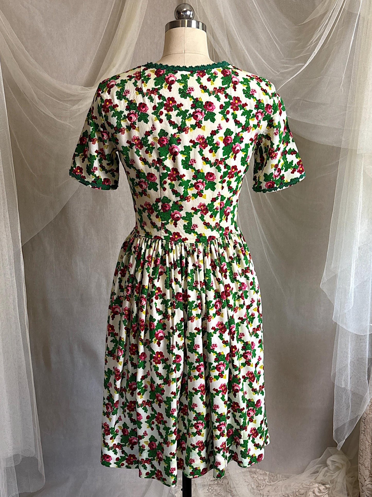 Vintage 1950's Day Dress | Cream Cotton with Floral Folk Print & Brass Button Closure | XS
