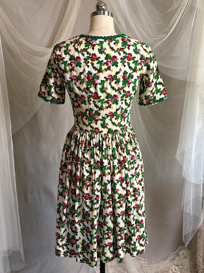 Vintage 1950's Day Dress | Cream Cotton with Floral Folk Print & Brass Button Closure | XS