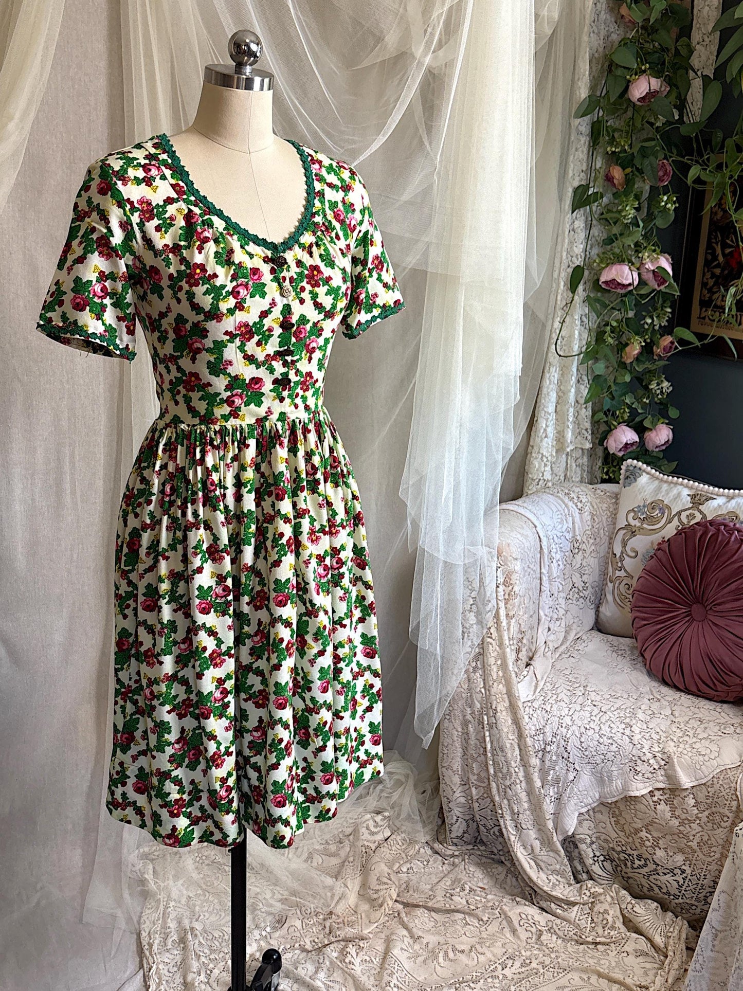 Vintage 1950's Day Dress | Cream Cotton with Floral Folk Print & Brass Button Closure | XS