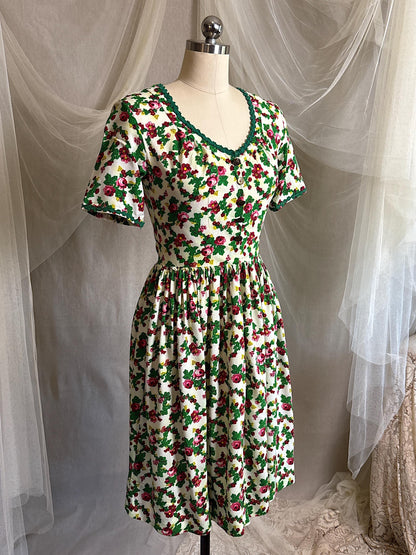 Vintage 1950's Day Dress | Cream Cotton with Floral Folk Print & Brass Button Closure | XS