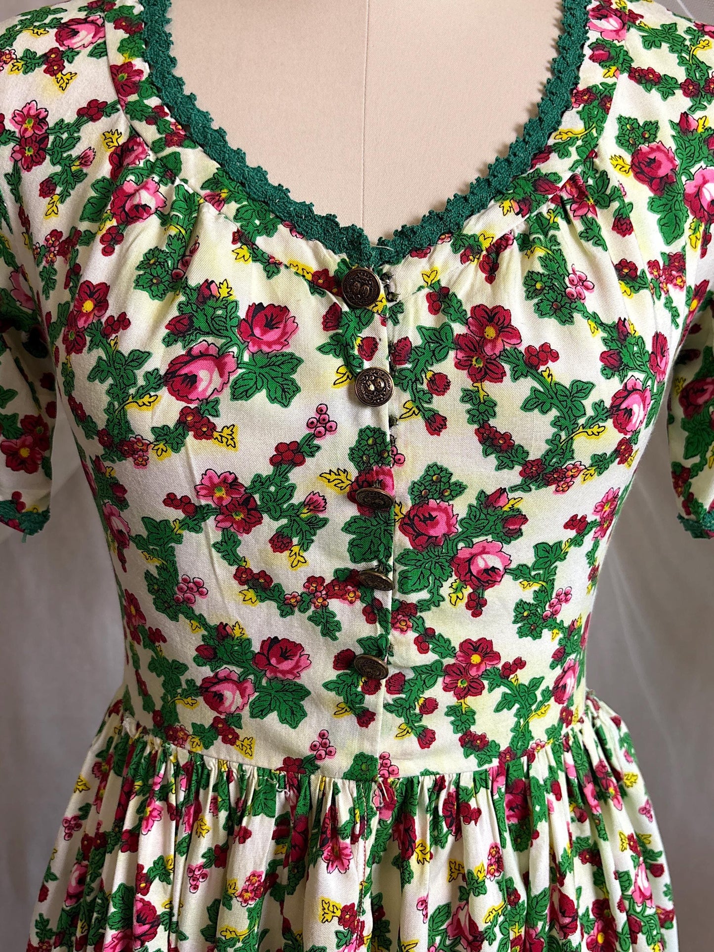 Vintage 1950's Day Dress | Cream Cotton with Floral Folk Print & Brass Button Closure | XS