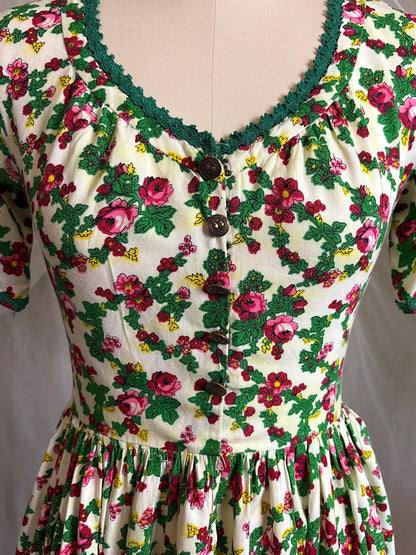 Vintage 1950's Day Dress | Cream Cotton with Floral Folk Print & Brass Button Closure | XS