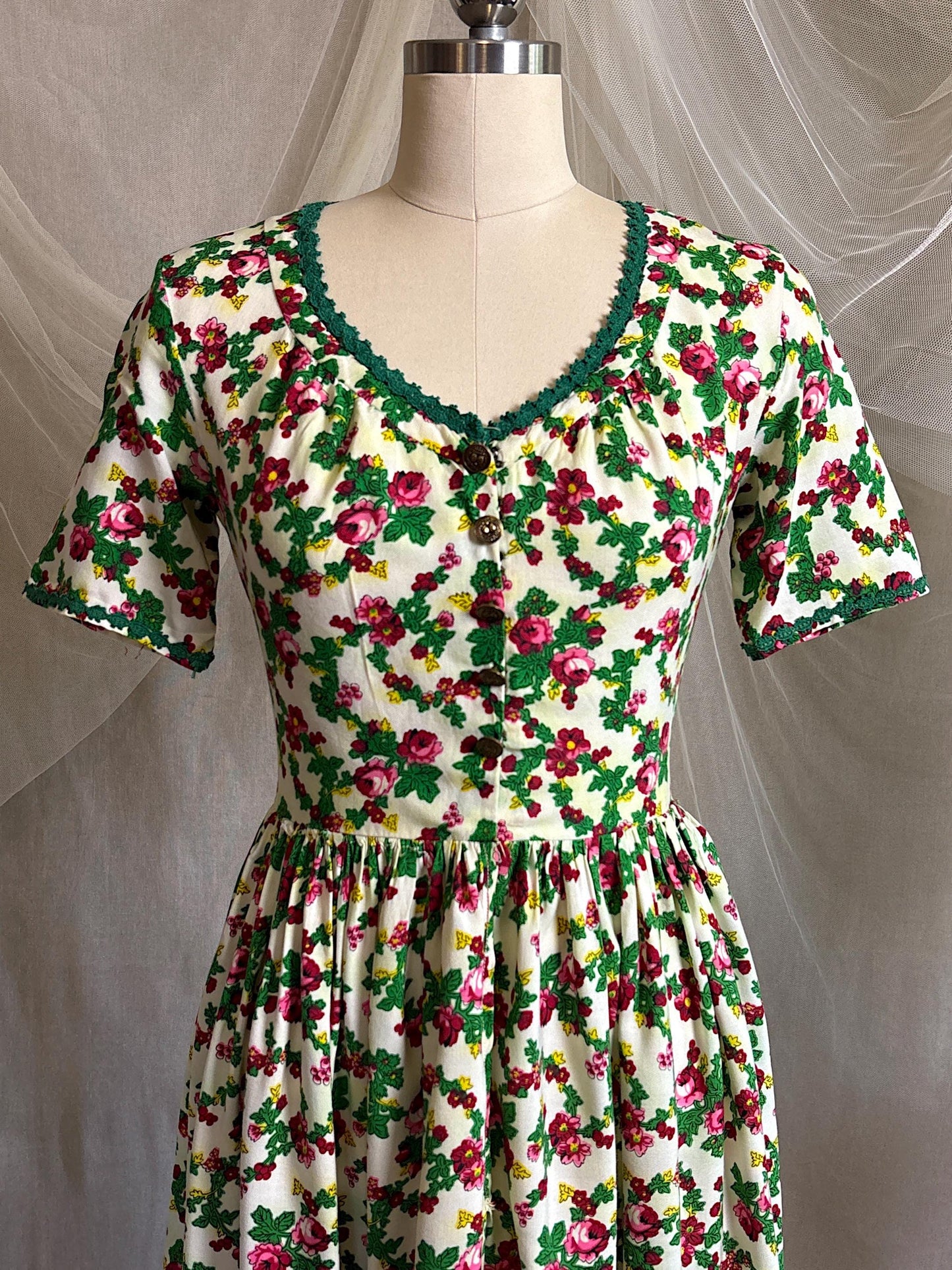Vintage 1950's Day Dress | Cream Cotton with Floral Folk Print & Brass Button Closure | XS