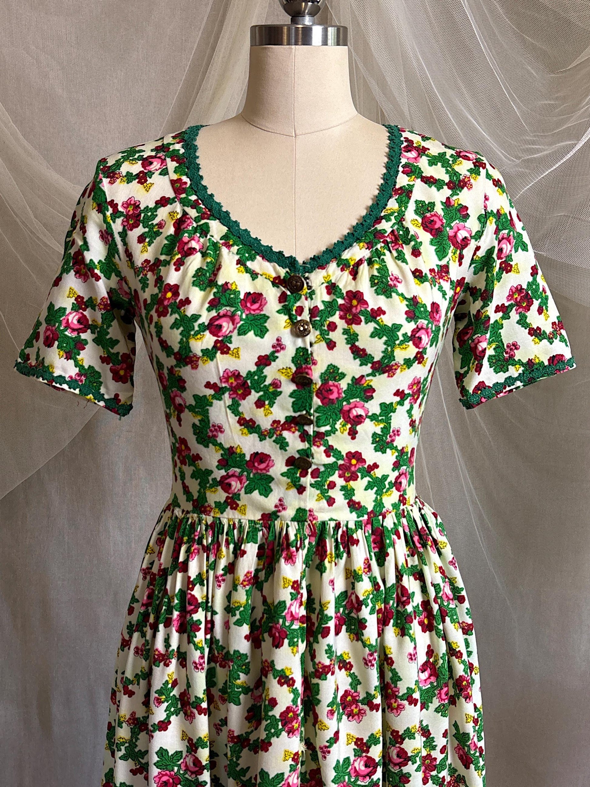 Vintage 1950's Day Dress | Cream Cotton with Floral Folk Print & Brass Button Closure | XS