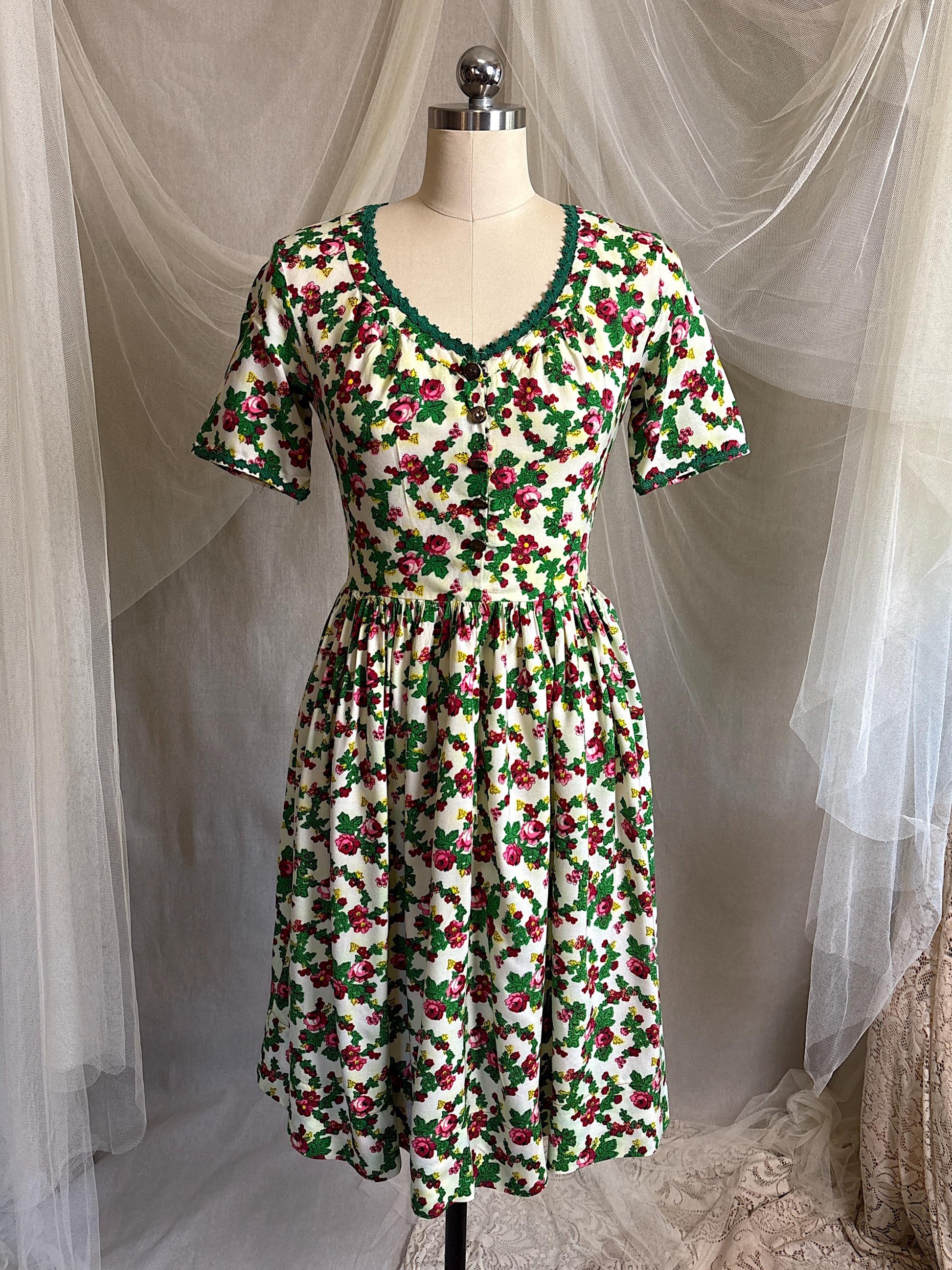 Vintage 1950's Day Dress | Cream Cotton with Floral Folk Print & Brass Button Closure | XS