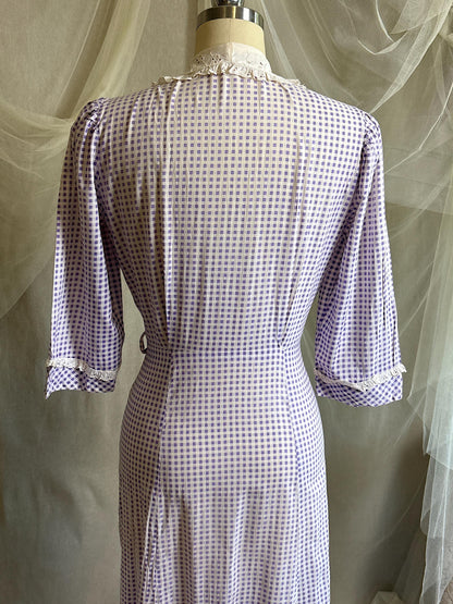 Vintage 1930's - 1940's Day Dress | Lilac Purple & White Gingham Print Cotton with Ruffled Eyelet Lace | M