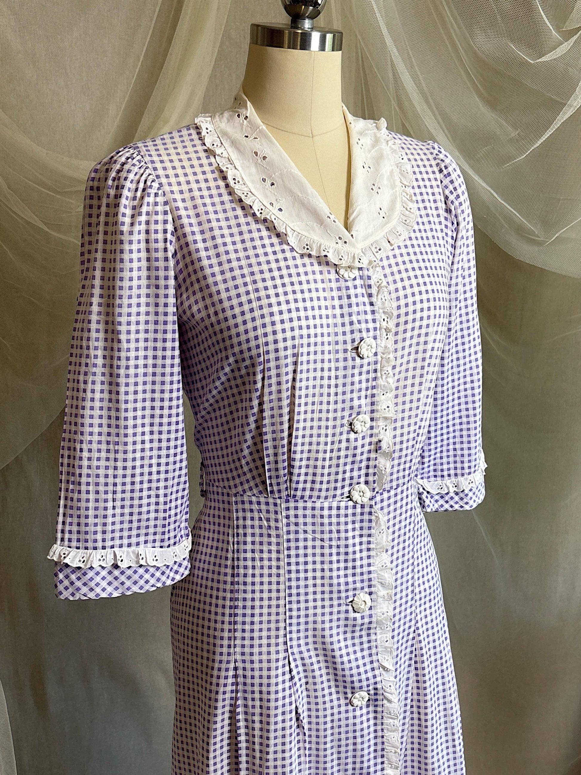 Vintage 1930's - 1940's Day Dress | Lilac Purple & White Gingham Print Cotton with Ruffled Eyelet Lace | M