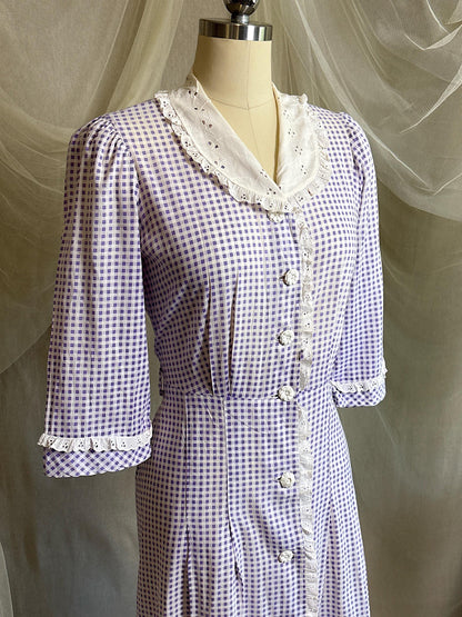 Vintage 1930's - 1940's Day Dress | Lilac Purple & White Gingham Print Cotton with Ruffled Eyelet Lace | M