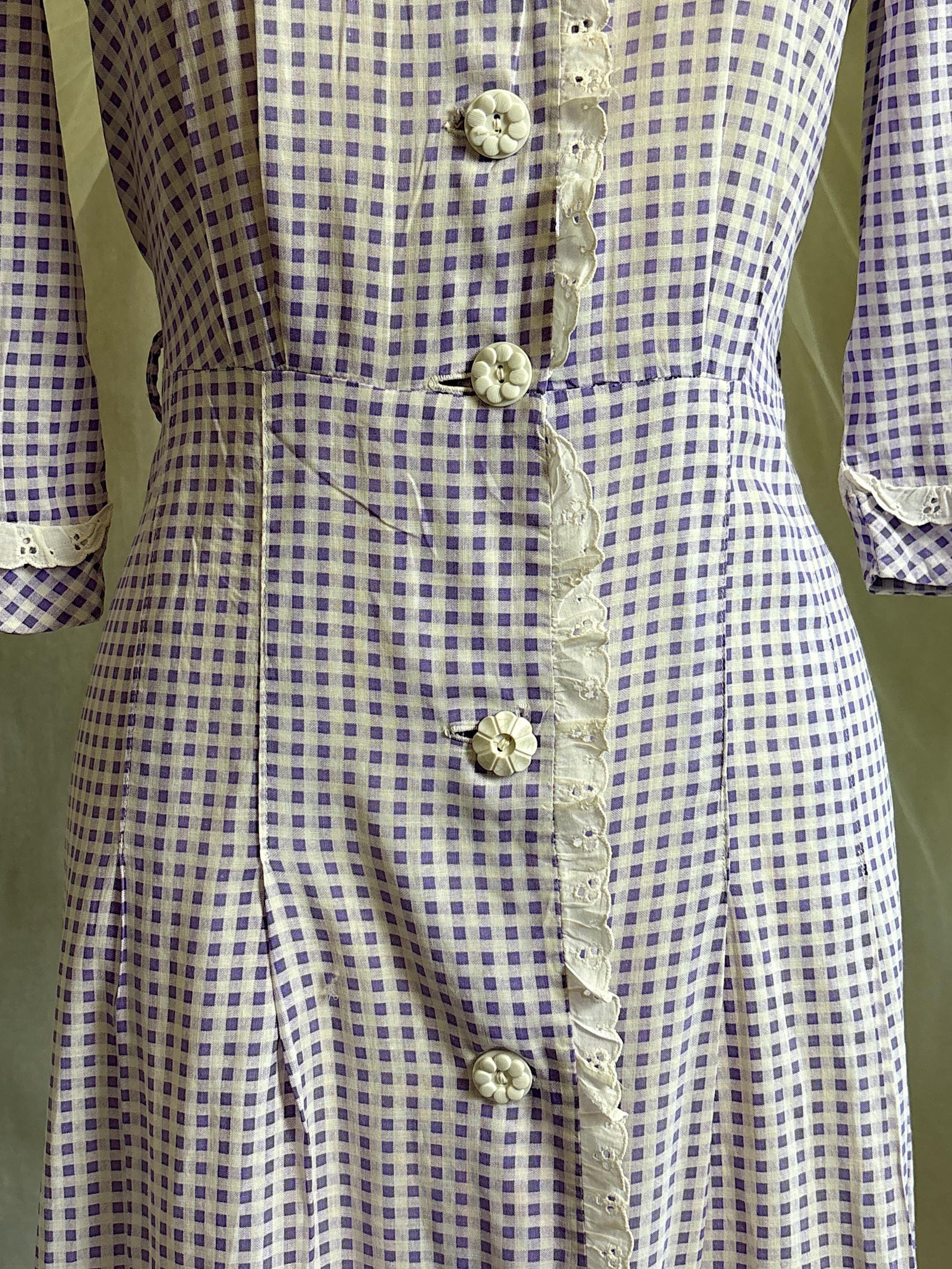 Vintage 1930's - 1940's Day Dress | Lilac Purple & White Gingham Print Cotton with Ruffled Eyelet Lace | M