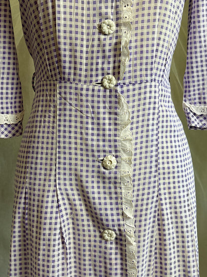 Vintage 1930's - 1940's Day Dress | Lilac Purple & White Gingham Print Cotton with Ruffled Eyelet Lace | M