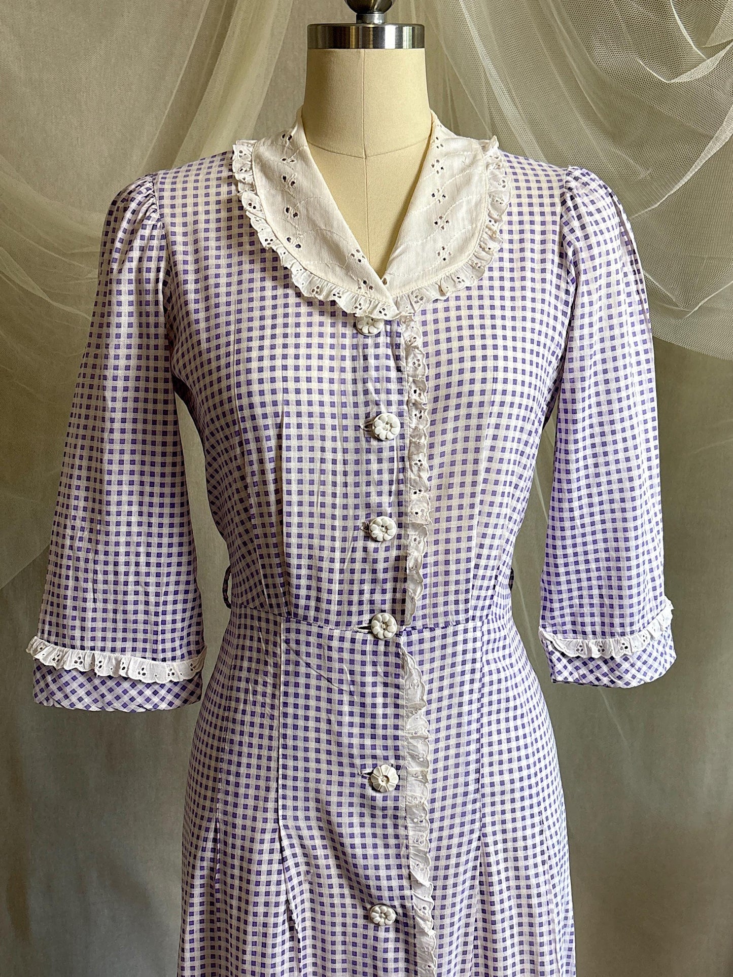 Vintage 1930's - 1940's Day Dress | Lilac Purple & White Gingham Print Cotton with Ruffled Eyelet Lace | M