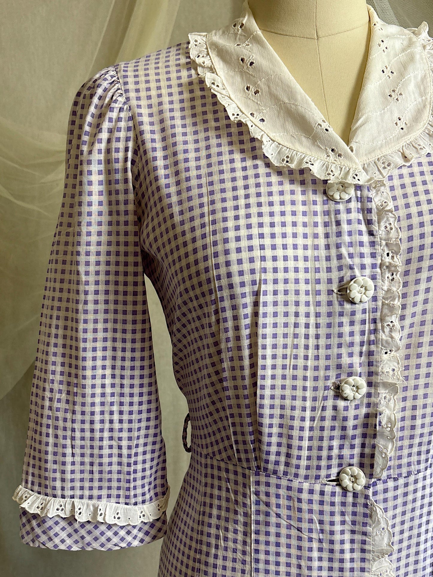 Vintage 1930's - 1940's Day Dress | Lilac Purple & White Gingham Print Cotton with Ruffled Eyelet Lace | M