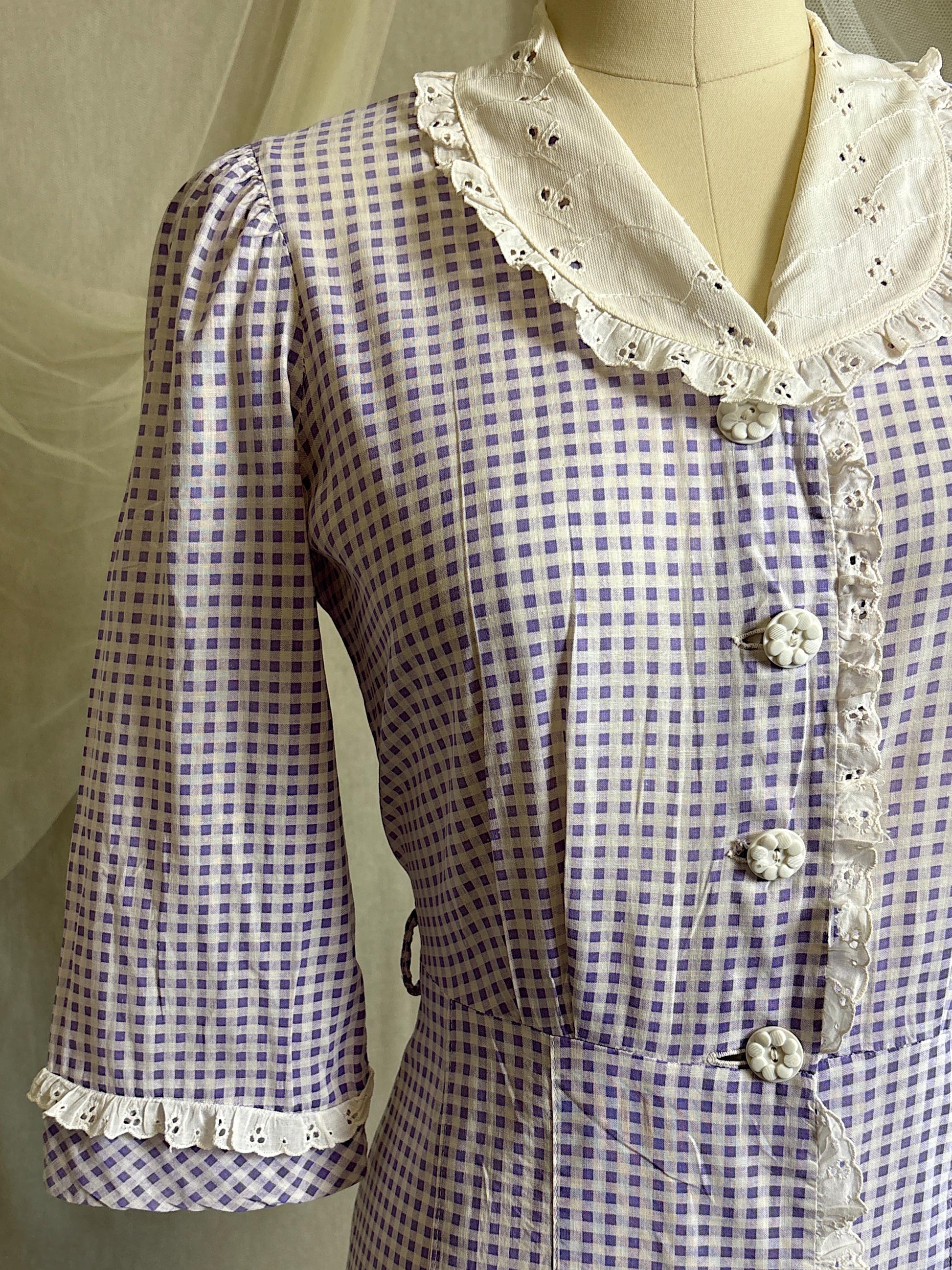 Vintage 1930's - 1940's Day Dress | Lilac Purple & White Gingham Print Cotton with Ruffled Eyelet Lace | M