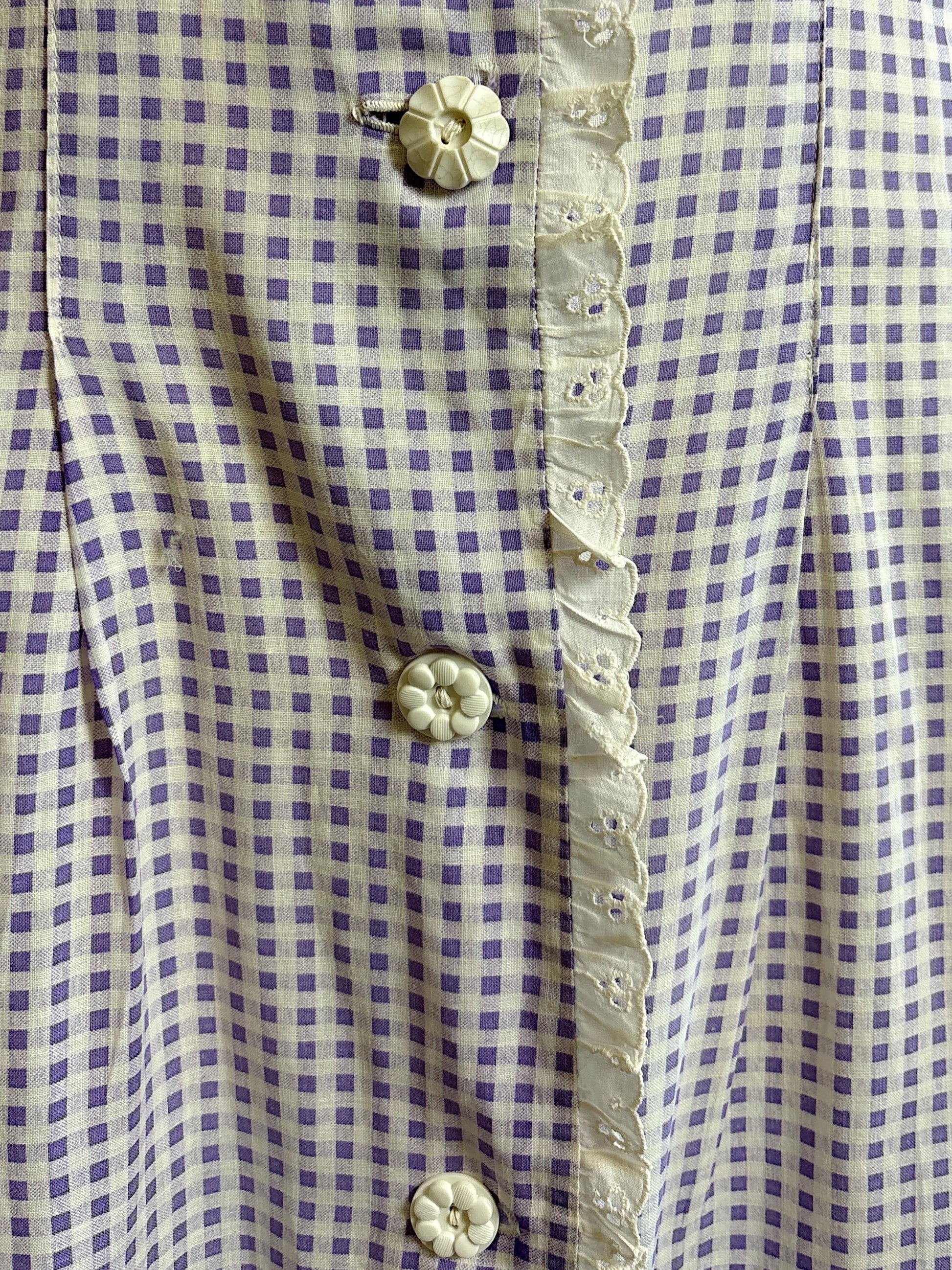 Vintage 1930's - 1940's Day Dress | Lilac Purple & White Gingham Print Cotton with Ruffled Eyelet Lace | M
