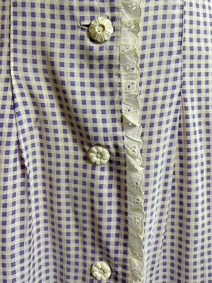 Vintage 1930's - 1940's Day Dress | Lilac Purple & White Gingham Print Cotton with Ruffled Eyelet Lace | M