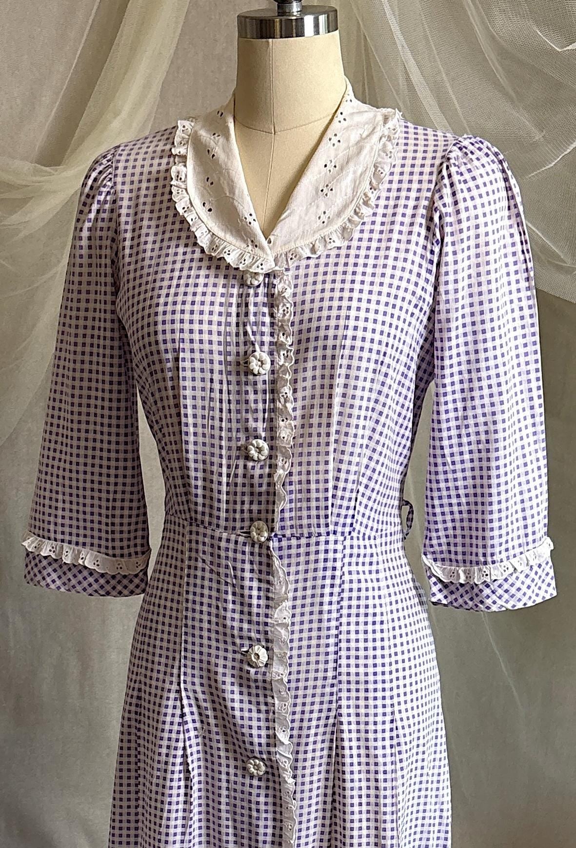 Vintage 1930's - 1940's Day Dress | Lilac Purple & White Gingham Print Cotton with Ruffled Eyelet Lace | M