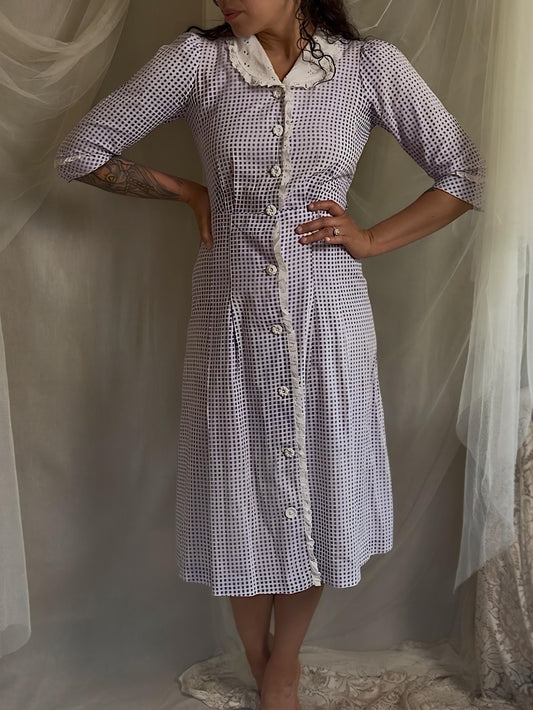 Vintage 1930's - 1940's Day Dress | Lilac Purple & White Gingham Print Cotton with Ruffled Eyelet Lace | M
