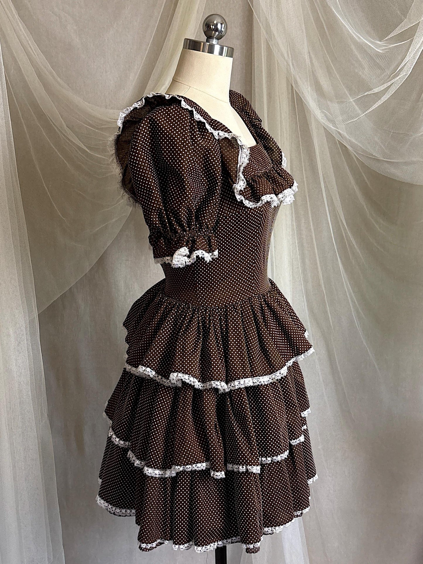 Vintage 1950's - 1960's Mini Dress | Deep Mocha Brown Cotton with White Swiss Dots & Ruffled Lace | S, M