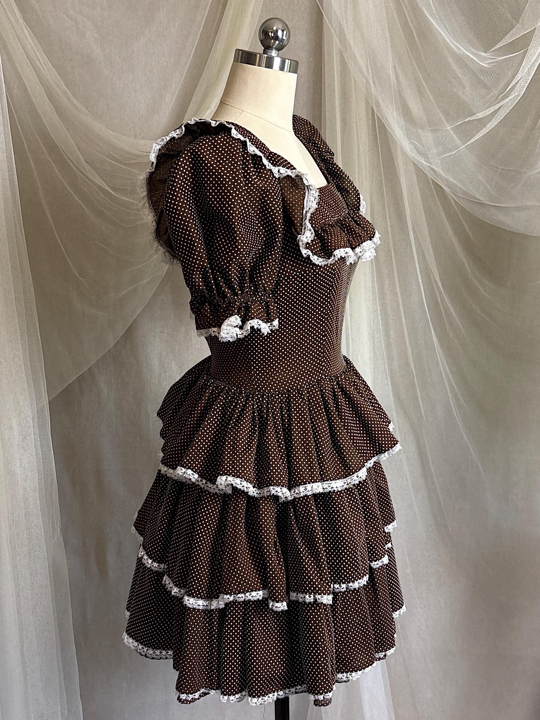 Vintage 1950's - 1960's Mini Dress | Deep Mocha Brown Cotton with White Swiss Dots & Ruffled Lace | S, M