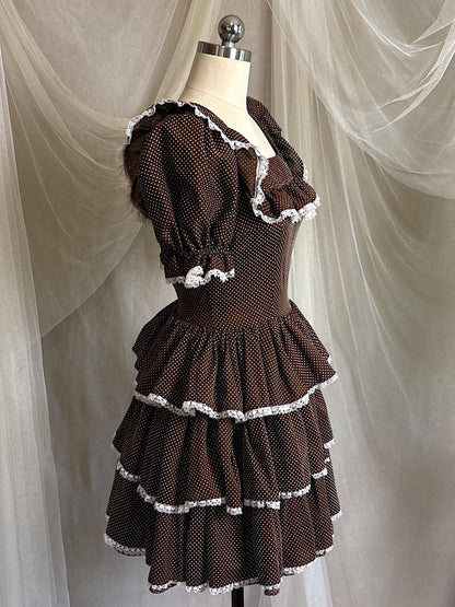 Vintage 1950's - 1960's Mini Dress | Deep Mocha Brown Cotton with White Swiss Dots & Ruffled Lace | S, M