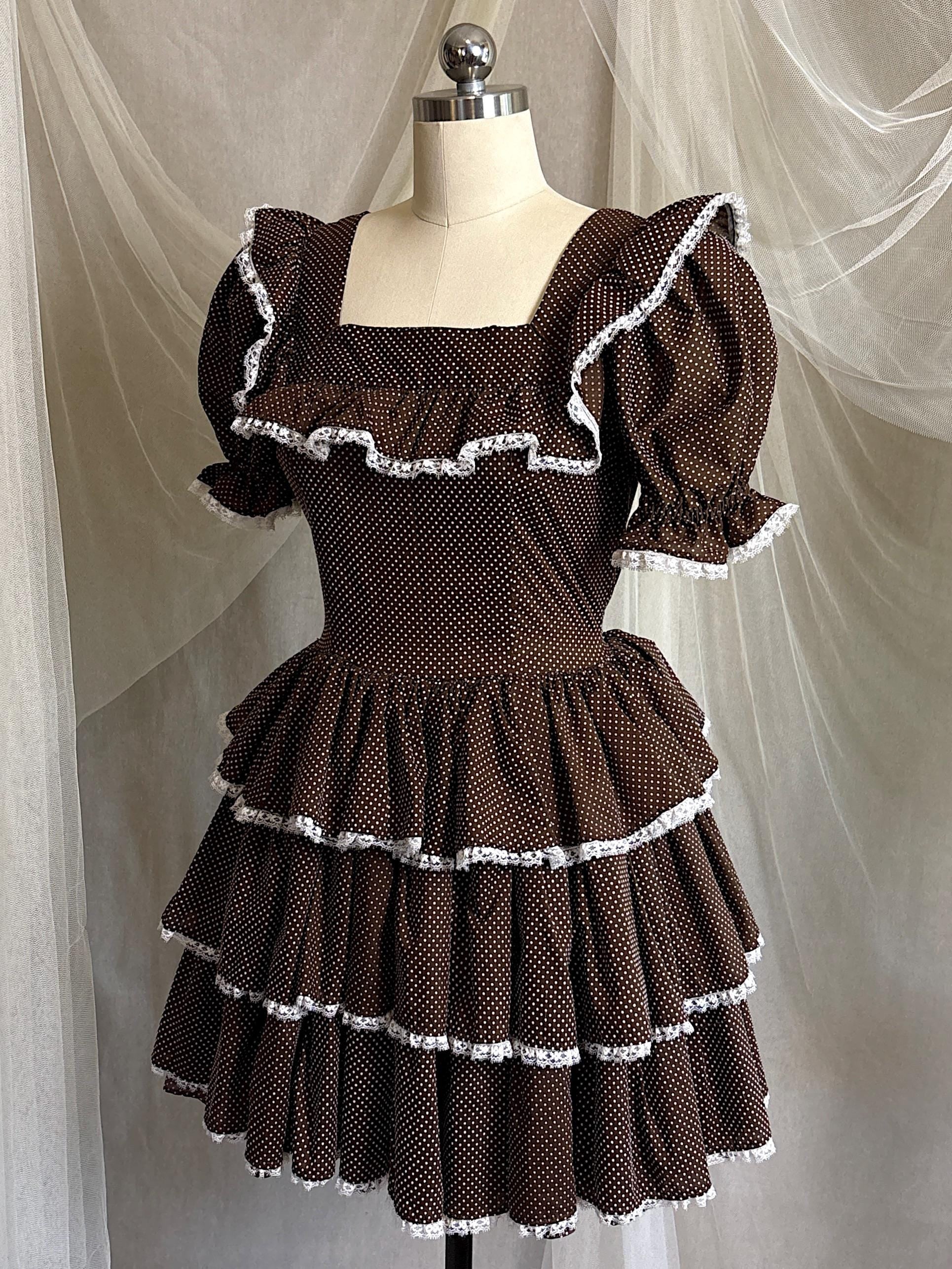 Vintage 1950's - 1960's Mini Dress | Deep Mocha Brown Cotton with White Swiss Dots & Ruffled Lace | S, M